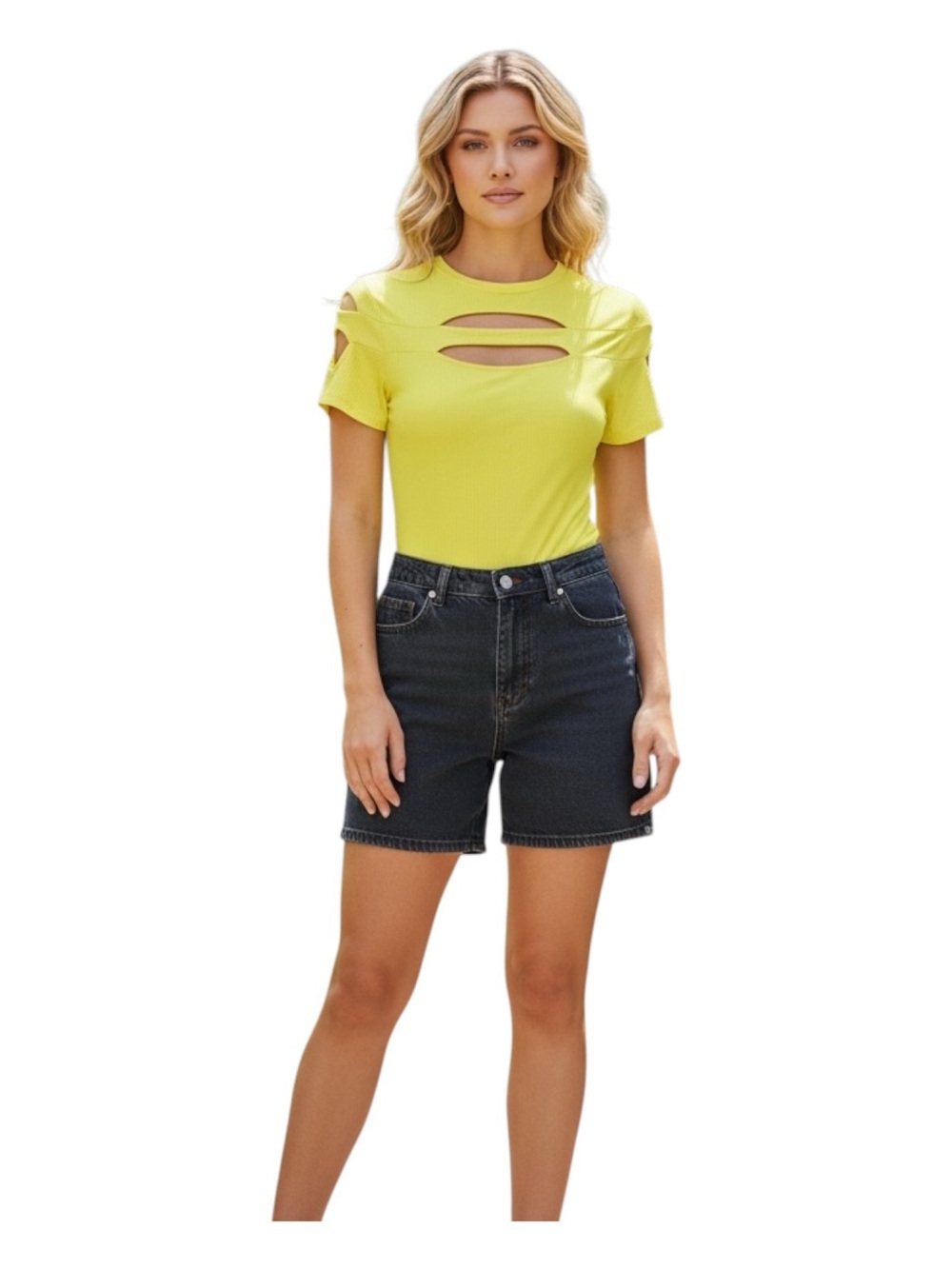 Plus Size, Vibrant Yellow Ruched Short Sleeve Tee with Cut-Outs, Size 2X